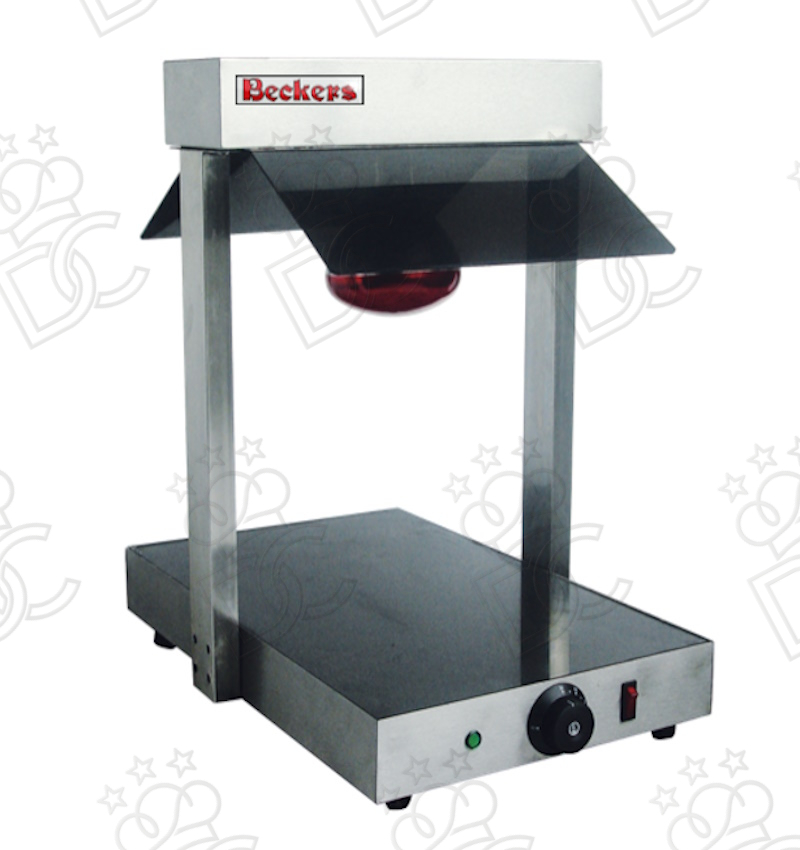 Food warming plate with 1 upper infrared lamp and 1 lower glass-ceramic shelf
