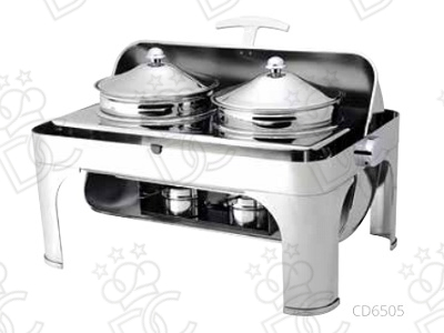 Chafing dish tondo con bruciatori ad alcool e pentole - acciaio inox lucido - coperchio roll-top 180°