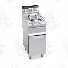 Gas fryers on open cabinet