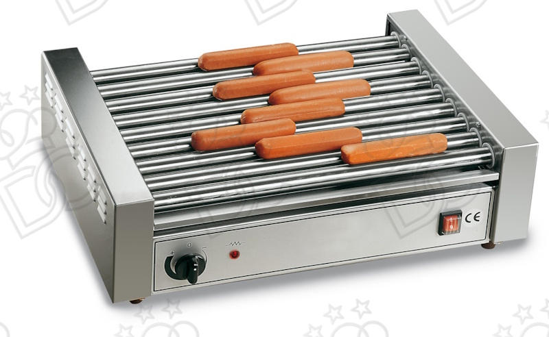 Hot dog roller grill with 9 Teflon-coated rollers