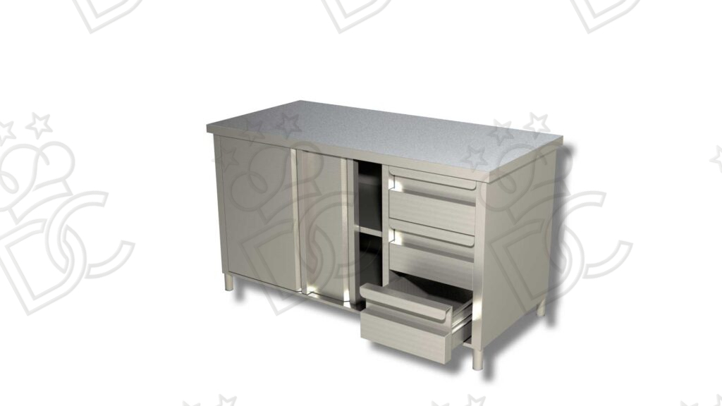 Tavolo armadiato con cassettiera verticale dx tre cassetti  su vano chiuso - una porta battente