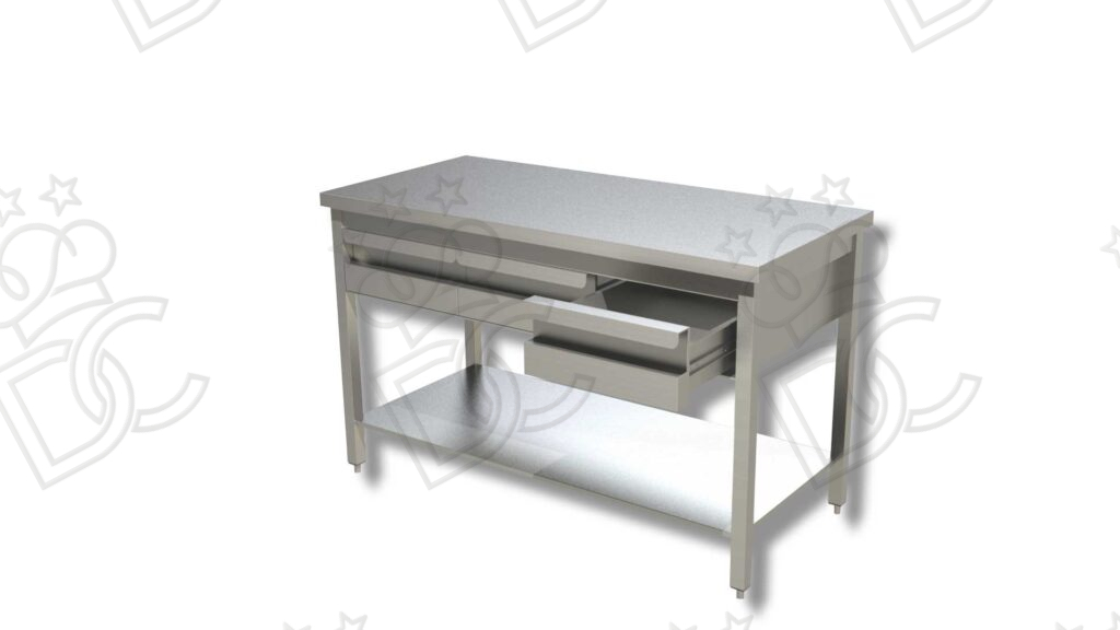 Tavolo da lavoro con cassettiera in linea e ripiano inferiore - Realizzato in Acciaio Inox AISI304 - Profondità 60cm - Senza Alzatina