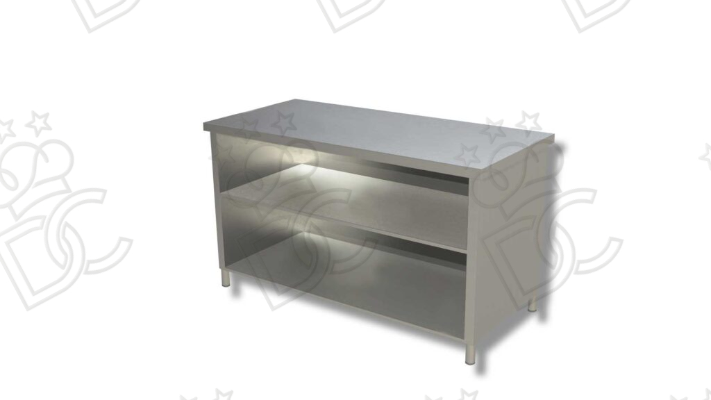 Tavolo armadiato a giorno con ripiano inferiore ed intermedio - Realizzato in acciaio inox AISI304 - Profondità 60cm - Senza Alzatina