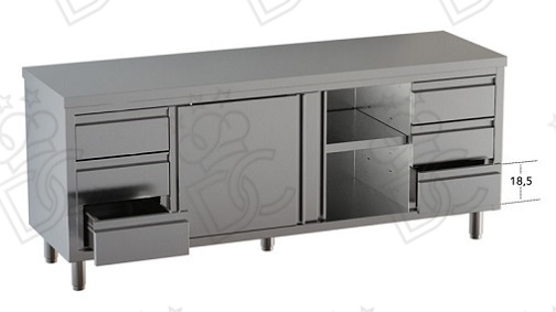 Tavolo armadiato con cassettiere verticali dx e sx tre cassetti + tre cassetti su vano chiuso - due porte scorrevoli
