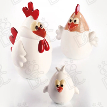 Chicken family kit, 3 sizes:
A 120 x 135 x h 190 mm
B 135 x 110 x h 145 mm
C 85 x 75 x h 90 mm